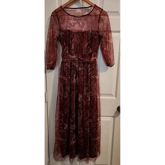 Candalite Burgandy Dress Small Maroon  Sheer Bohemian Red Cottage Core Maxi - Picture 2 of 8